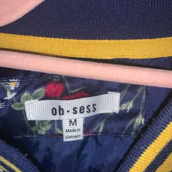 Blue Floral Satin Bomber Full Zip Size Medium - Picture 5 of 5